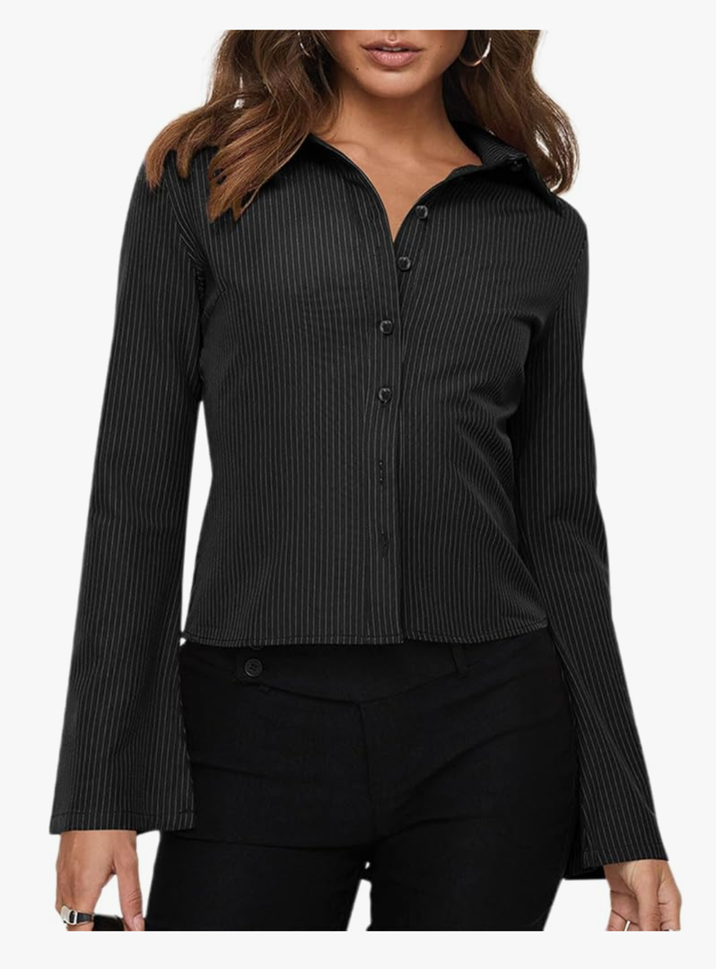 ECHOINE Women Button Down Shirts Long Sleeves Slim Fitted Casual Collared Blouses Work Striped Tops, M
