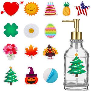 Teenyyou Seasonal Valentine Day Soap Dispenser with 14 Interchangeable Seasonal Festival Magnets Glass Lotion St Patricks Easter Holiday Soap Dispenser for Farmhouse Kitchen Bathroom Accessories