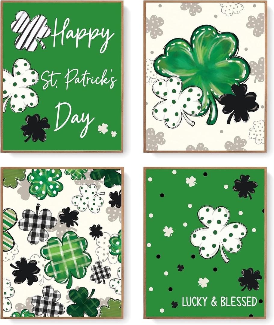 2 x LARTSFRO St Patricks Day Decorations Wall Art Prints, Green Lucky and Blessed Poster for Room Aesthetic Prints for Nursery Baby Kids Living Room Bedroom, Spring Gifts 10x8 Inch Set of 4 Unframed