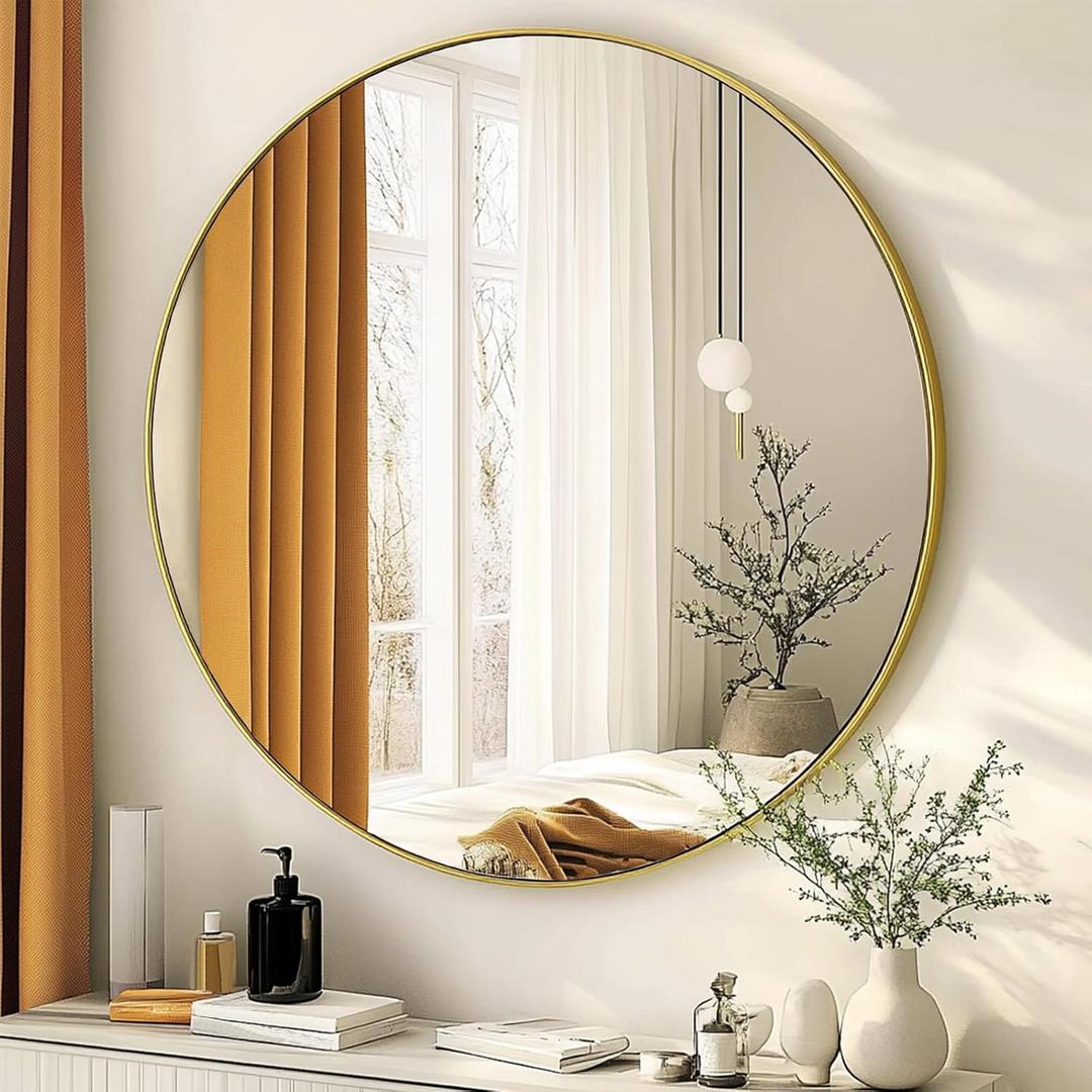 Gold Round Mirror, Circle Mirror 24 inch, Gold Round Bathroom Mirrors, Circle Wall Mirrors for Bathroom, Living Room, Hallway, Vanity, Over Sink, Mantel