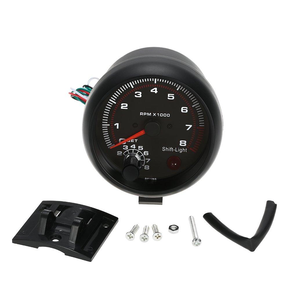 Shkalacar 3.75" Car Universal Tachometer Gauge,Automotive Tachometer Kit White Inter Shift Light 0-8000 RPM