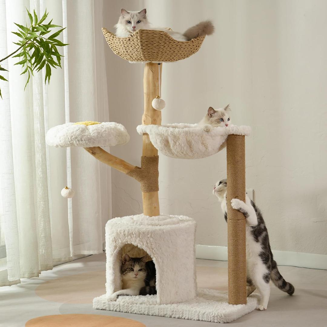 Moewrista Modern Cat Tree with Hammock 48.5 Inches Cat Tower with Scratching Post,Featuring Real Wood Post,Large Rattan Basket, Spacious Flower Perch and Condo for Indoor Cat Large Adults-Beige