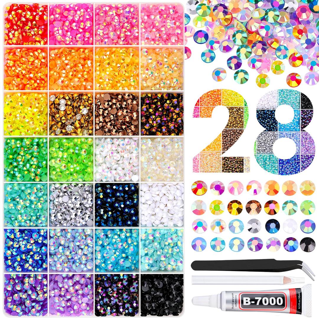 6100Pcs Jelly Resin Rhinestones for Crafting with 2Pcs 10ml B7000 Jewelry Glue, 1 Box Flatback Crystals Diamond (Clear AB) for Bedazzling Crafts DIY Nail Art Non Hotfix Gems for Clothing Shoes
