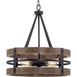 Kira Home Maybrook 23" Modern Industrial 4-Light Drum Chandelier with Hand-Painted Wood Grain Metal, Rustic Farmhouse Double Band Pendant Light, Reclaimed Oak Wood and Black Finish