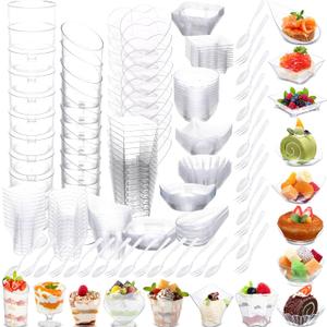 Honeydak 450 Pcs Disposable Clear Appetizer Plates with Spoons Forks 15 Styles Mini Dessert Cups 150 Forks 150 Spoons Plastic Dessert Containers Assorted Shape Parfait Cups for Wedding Party Serving