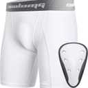 COOLOMG Youth Boys Compression Shorts with Protective Cup Sliding Underwear for Baseball Football Lacrosse Hockey (Medium, White)