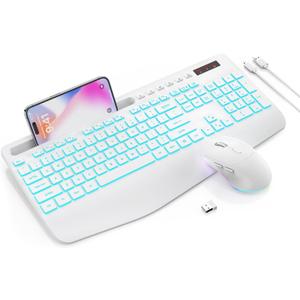 Trueque Wireless Keyboard and Mouse Combo with 7 Colored Backlits, Wrist Rest, Rechargeable Ergonomic Keyboard with Phone Holder, Silent Lighted Full Size Combo for Windows, PC, Laptop (Cloud White)