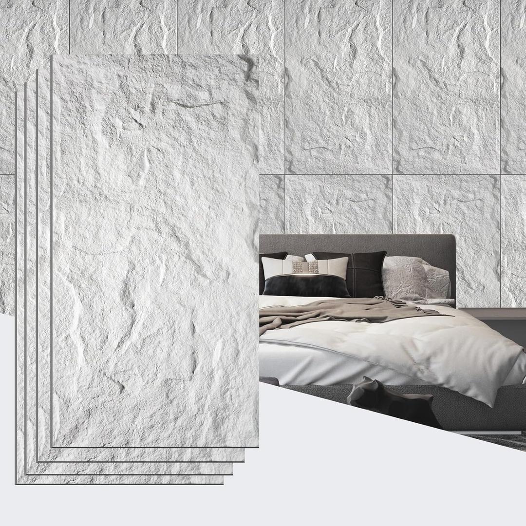 4Pcs Faux Stone Wall Panel 43.3''x23.6'',Lava Stone Design, White | PU Stone Wall Panel for Interior Wall Decor, Bedroom, Living Room, Office
