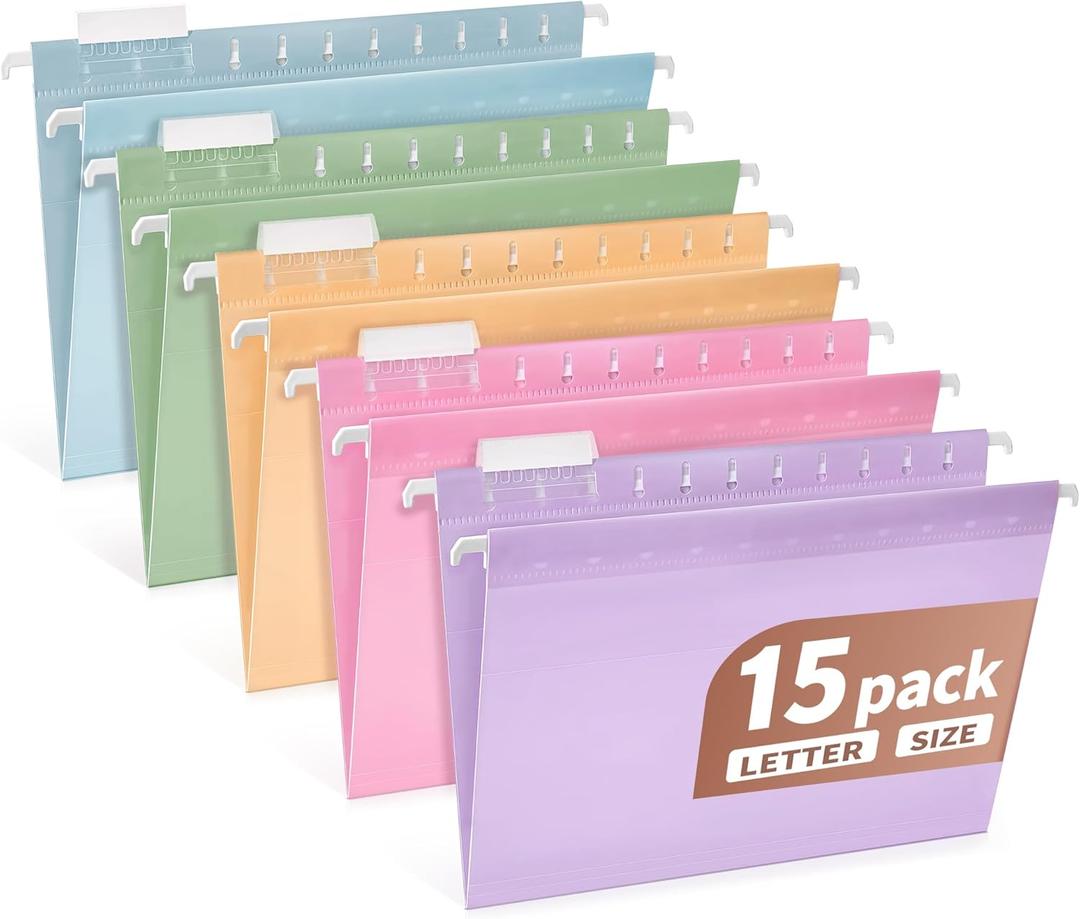 Plastic Hanging File Folders Letter Size, Colored Hanging File Folders with Tabs, Durable Waterproof Plastic Hanging Folders for Filing Cabinets, Office, School & Home Organization (15, Pastel)