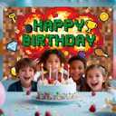 Pixel Style Happy Birthday Backdrop, 150x100cm/5x3.3ft Giant Video Game Theme Party Banner Background Colorful Boom Art Wall Decor for Kids Boys Birthday Room Decorations Photography Supplies
