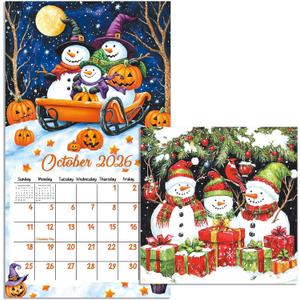 Snowman Calendars Wall 2026 13.4'' x 12'', 12 Month Calendar with Stapled Binding Snowman 2026 Wall Calendar for Family, Work Office School