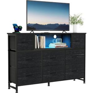 DUMOS TV Stand Dresser with 8 Fabric Drawers and Open Shelves, LED Entertainment Center with Charging Station, Wood Top Media Console for 45-55 inch, Bedroom, Woodgrain Black