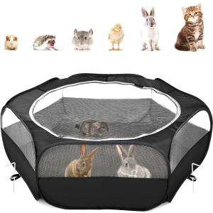 Pawaboo Small Animals Playpen, Waterproof Small Pet Cage Tent with Zippered Cover, Portable Outdoor Yard Fence with 3 Metal Rod for Kitten/Puppy/Guinea Pig/Rabbits/Hamster/Chinchillas, Black, 52.4"L x 52.4"W x 15"H