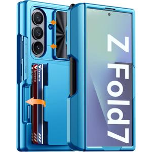 Vizvera for Samsung Galaxy Z Fold 7 Case RFID Wallet with Cards Holder [S Pen Included] [Camera Cover] Shockproof Silicone Protective Phone Case for Z Fold 7 2025(Lake Blue)
