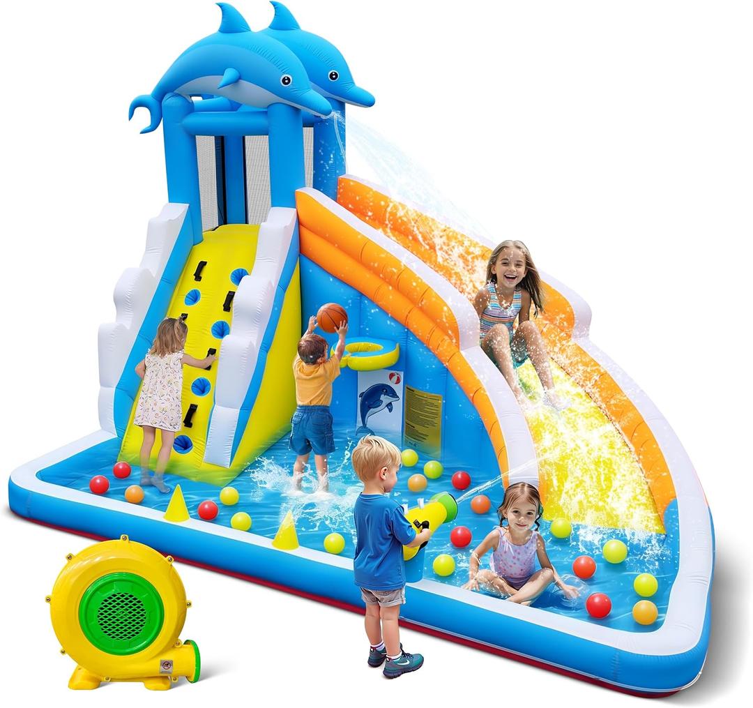 Culaluva Inflatable Water Slide: Blow up Bounce House Water Park for Kids 3-12 - Splash Pool Water Cannon Climbing Wall Basketball Rim - for Backyard Outdoor Birthday Party, Dolphin Style