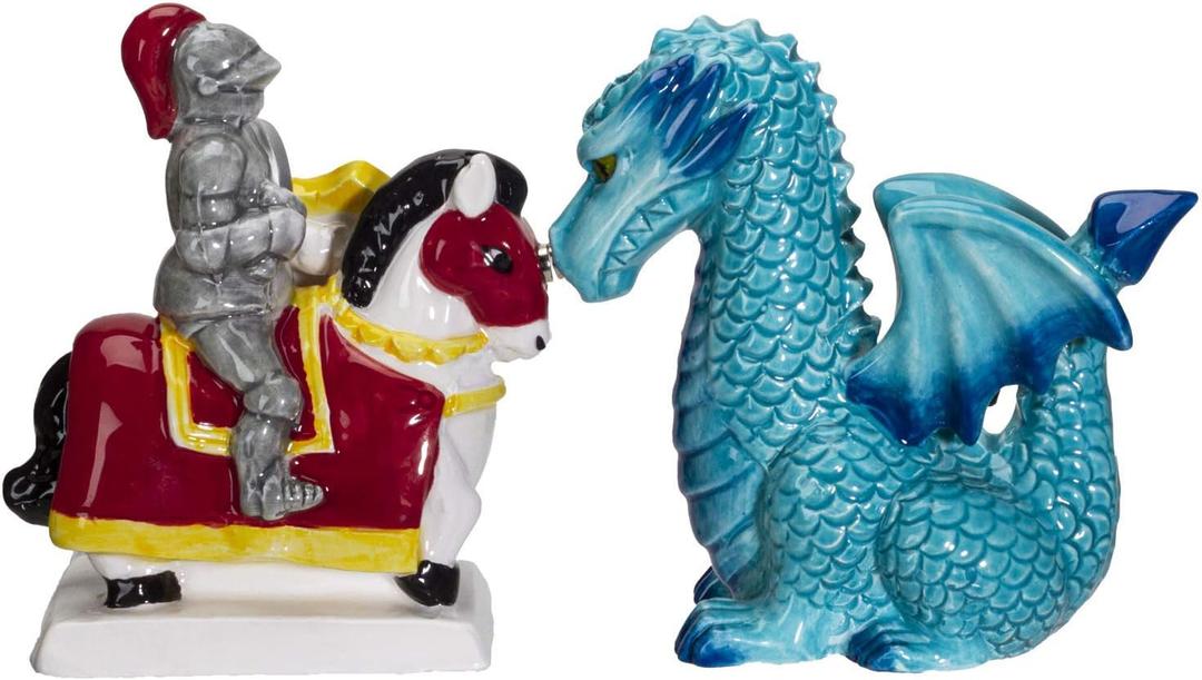 Knight on Horse & Dragon Ceramic Salt and Pepper Shakers Set