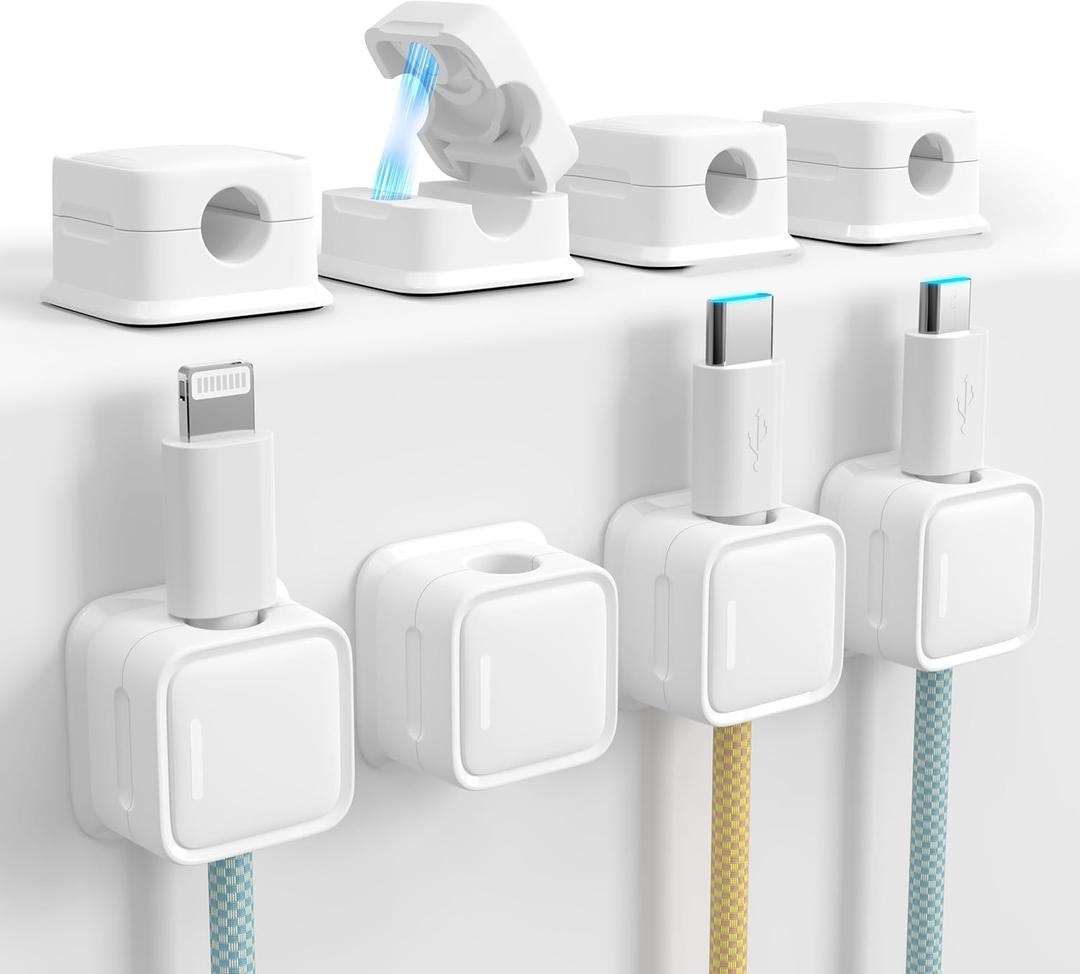 Cord Organizer Holder, 8 Pack Magnetic Desk Cable Clips Management, Hide Phone Charging Cable Keeper, Strong Adhesive Wire Charger Holder for Nightstand, Kitchen Appliances, Office Supplies (White)