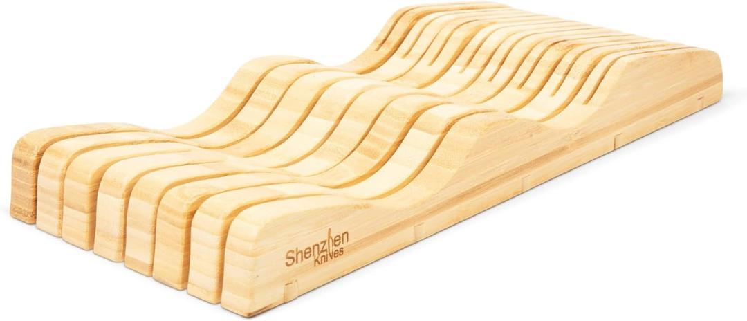 X-Large In-Drawer Bamboo Knife Block: 15 Slot (Holds 12-15 Knives) Empty Wooden Knife Holder for Kitchen Drawers - Cutlery Tray Organizer & Storage