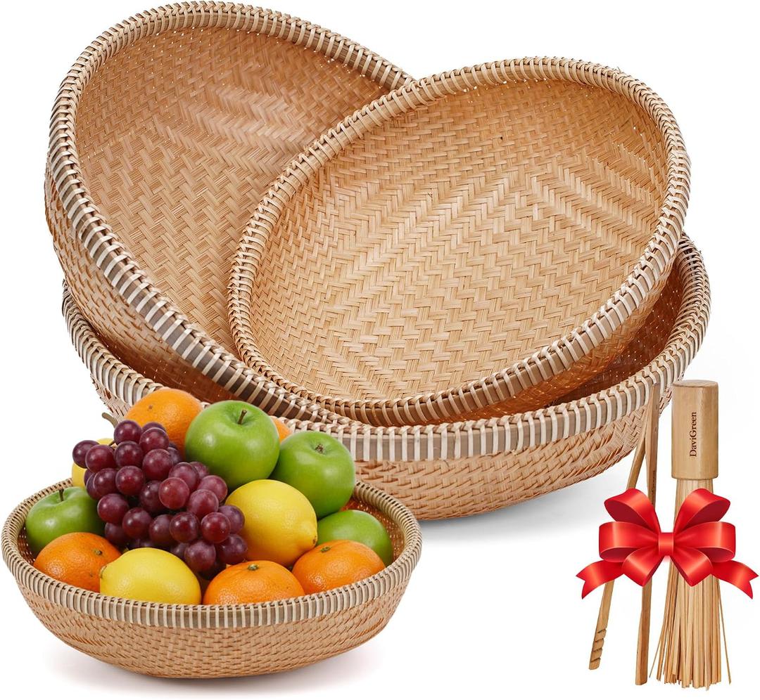 Set of 3 Handwoven Bamboo & Rattan Baskets Woven Bread Basket & Fruit Bowl for Kitchen Counter, Decorative Wicker Tray for Serving Snacks, Pastries & Table Centerpiece