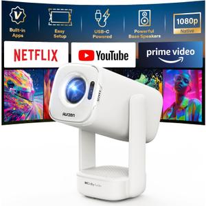 Aurzen D1 air Smart Portable Projector with WiFi and Bluetooth, USB-C Powered, Easy Auto Setup, 16W Dolby Audio, Built-in Apps, Native 1080P HDR10, Outdoor Movie Projector 4K Supported, White