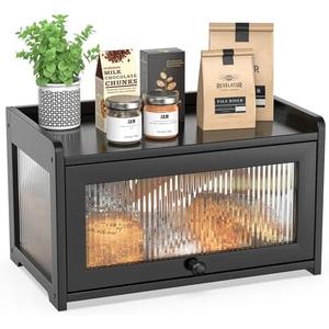 BAMBANG Bamboo Bread Box for Kitchen Countertop, Extra Large Farmhouse Bread Box with 4-Side Clear Panels, Wooden Bread Storage Container for Homemade Bread, Black