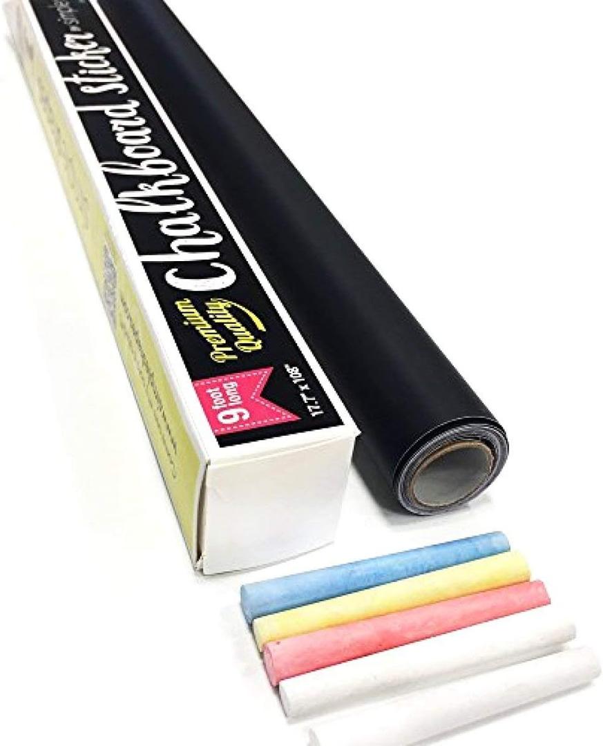 Extra Large Chalkboard Peel and Stick Paper 9 Feet roll (108 inches) + (5) Color Chalk Included