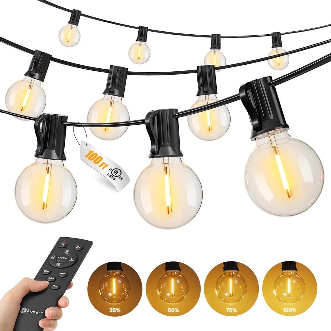 Brightown Outdoor String Lights, 100FT Shatterproof LED Patio Lights with 46 Dimmable Plastic G40 Bulbs, 2700K Waterproof Connectable Hanging String for Backyard, Cafe, Porch, Deck, Home Decor