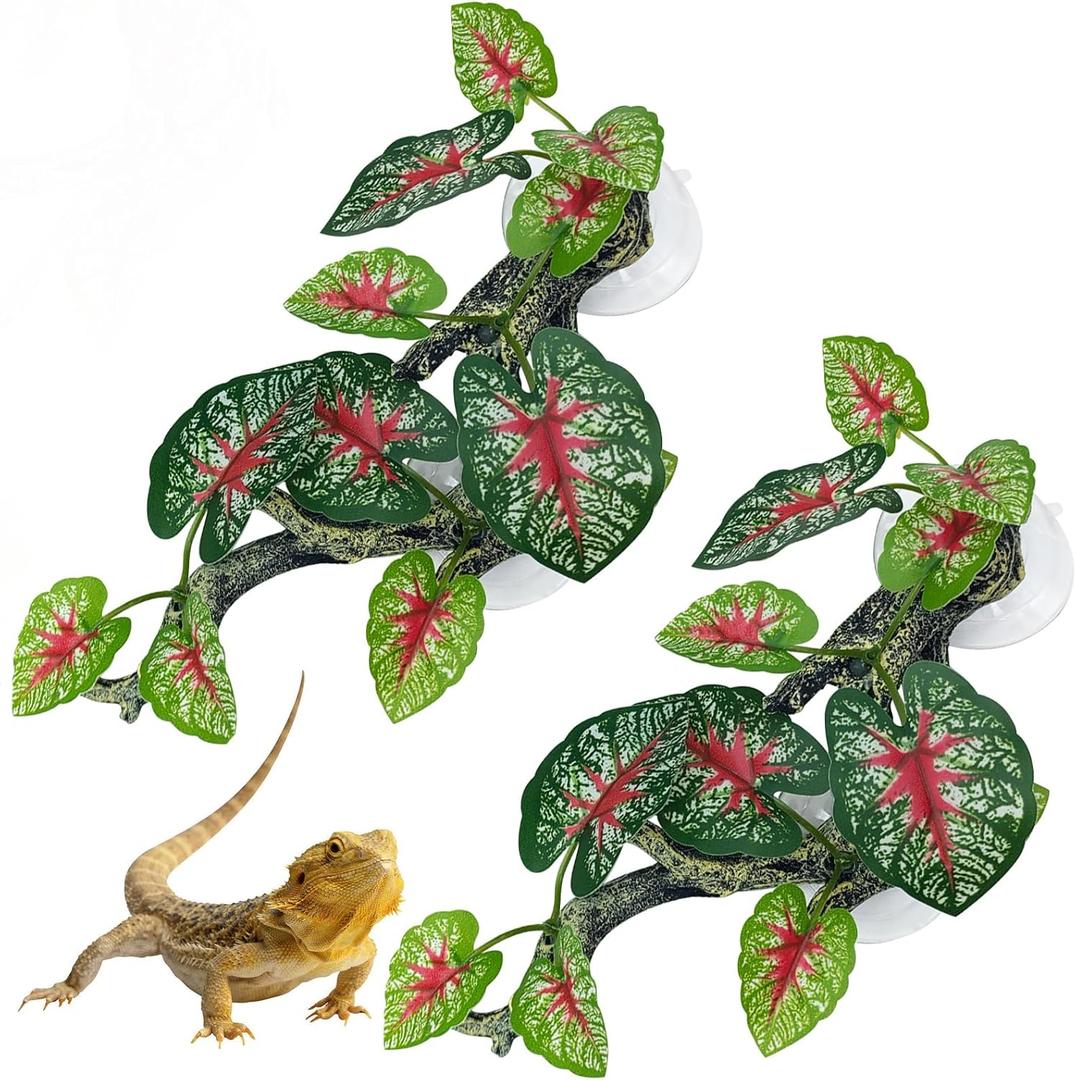 kathson 2 PCS Reptile Corner Branch Resin Snake Climbing Accessories with Leaves Terrarium Plant Decoration with Suction Cup Lizard Plant Ornament for Frog Bearded Dragon Gecko Spider Climbing (Green With Red)