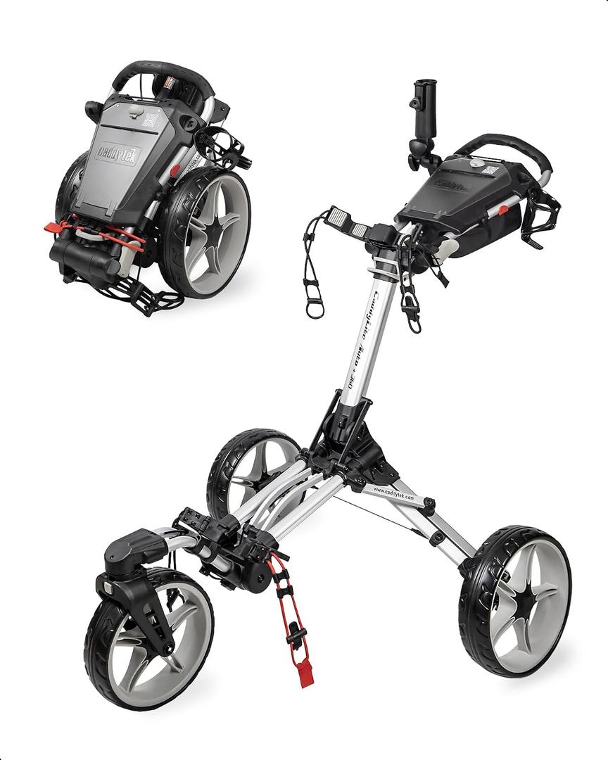 Caddytek CaddyLite Auto+360 Golf Push Cart - 4 Wheel Lightweight Foldable Golf Pushcart with Auto Folding, 360° Swivel Front Wheel, Aluminum Frame, EVA Wheels, Foot Brake, Umbrella & Drink Holder