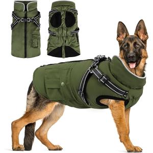 Dog Winter Coat with Harness Built-in | Waterproof Dog Jacket with Zipper & Fleece Lining | Reflective Cold Weather Coat for Large Dogs (Green) Large