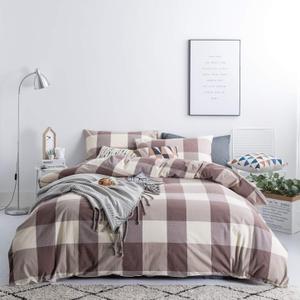 SUSYBAO Brown Plaid Duvet Cover Queen 100% Washed Cotton 3 Pcs Set 1 Farmhouse Khaki Checkered Duvet Cover with Zipper Ties 2 Pillowcases Buffalo Check Bedding Set Soft Comfortable