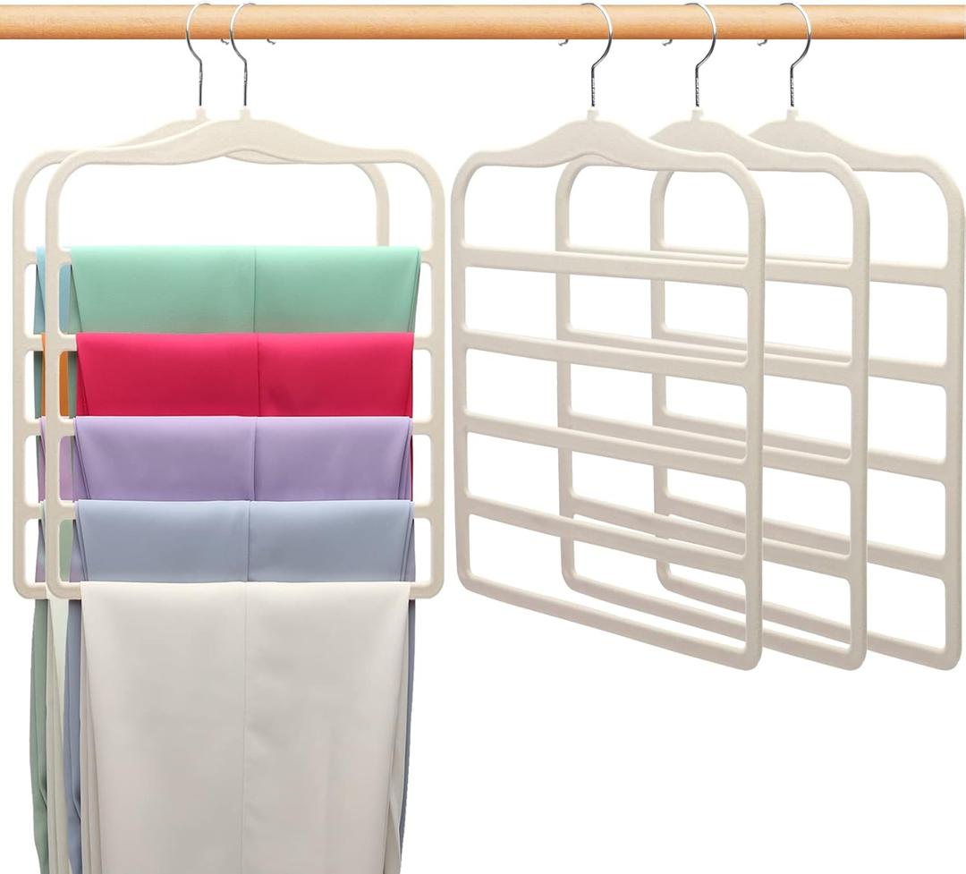 Closet Organizers and Storage, 5 Pack Velvet Pants-Hangers-Space-Saving, Non Silp 5 Tier Organization-and-Storage Clothes-Hanger for College-Dorm-Room-Essentials, Closet-Organizer for Jeans Scarf Hanger (White)