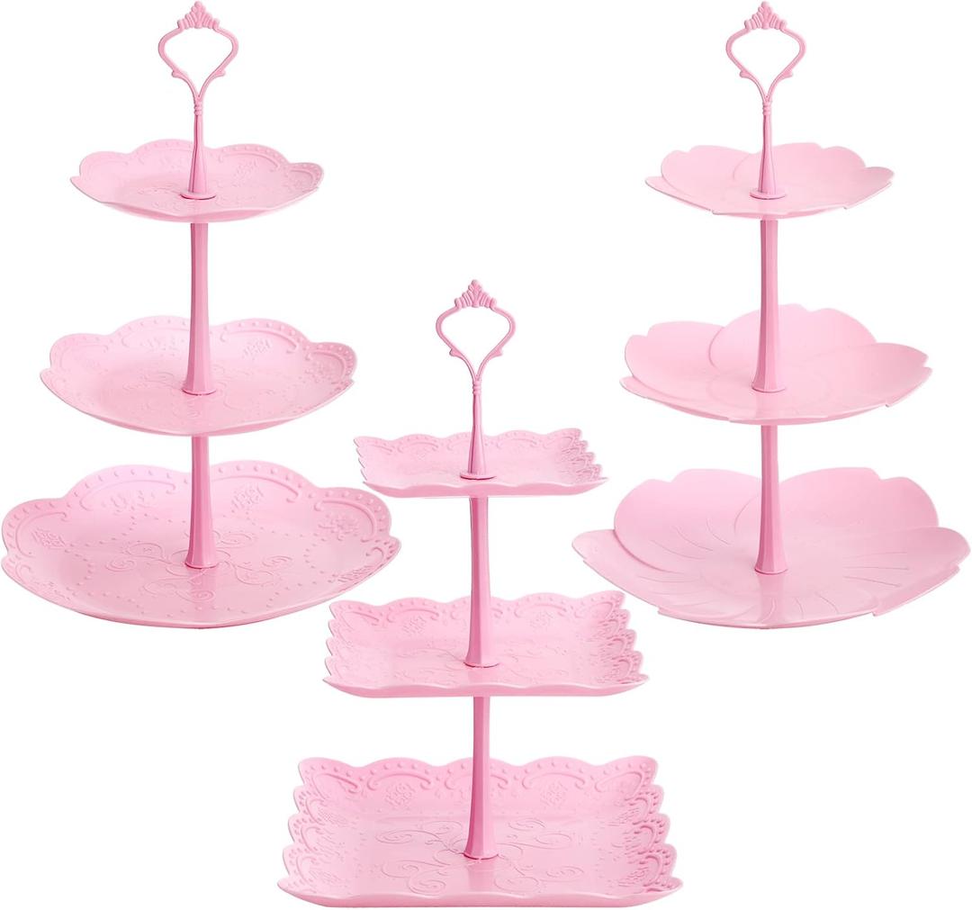 Tosnail 3 Pack 3 Tiers Plastic Cupcake Stand Dessert Stand Tiered Serving Trays with Pink Rod Candy Pastry Holders for Baby Shower, Wedding and Party - Pink Rod