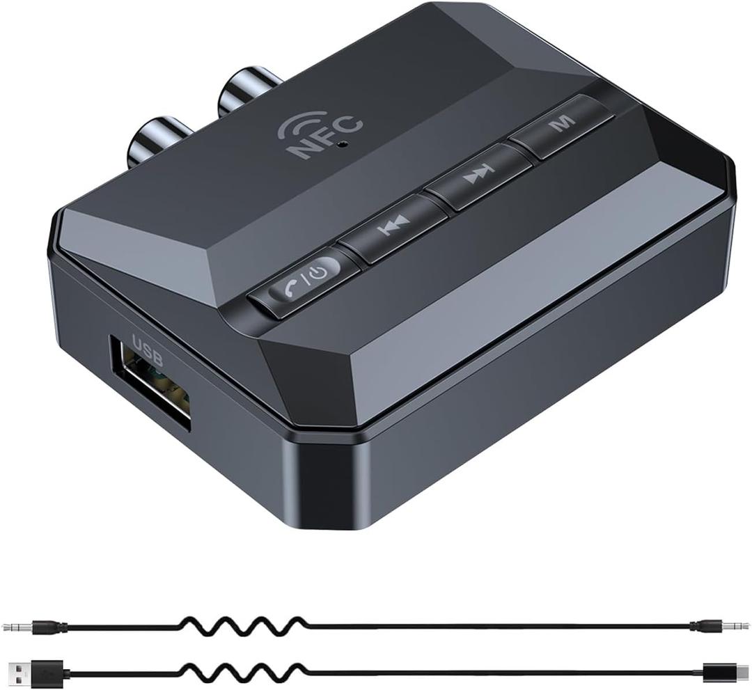 5.3 Home Stereo Bluetooth Receiver, Bluetooth to RCA/AUX Adapter, RCA Audio Adapter with NFC Function, Support USB Drive and TF Card Music Playback, Use on Old Speaker Devices.