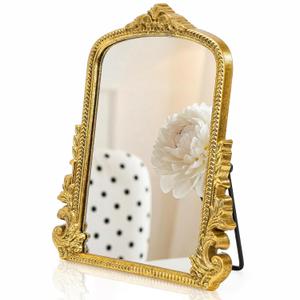 ZOOFOX Vintage Vanity Desk Table Mirror, 11.8" x 9.6" Arched Antique Makeup Mirror with Full Wooden Frame, Small Standing Carved Baroque Mirror for Living Room, Bedroom Dresser, Desktop Decor