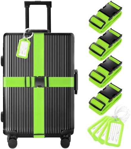 4 Pack Luggage Straps and Tags Set - 4 Straps, 4 Tags, TSA Approved Suitcase Belt, Green