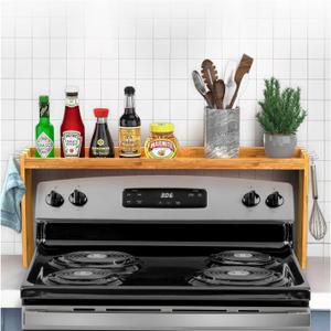IIIOIIIA Bamboo Over The Stove Spice Shelf for Kitchen Storage, 31.5" Kitchen Spice Rack Organizer Stove Top Shelf with 6 Hooks, 11.4" Height Extra Storage Countertop, Easy to Assemble (30")