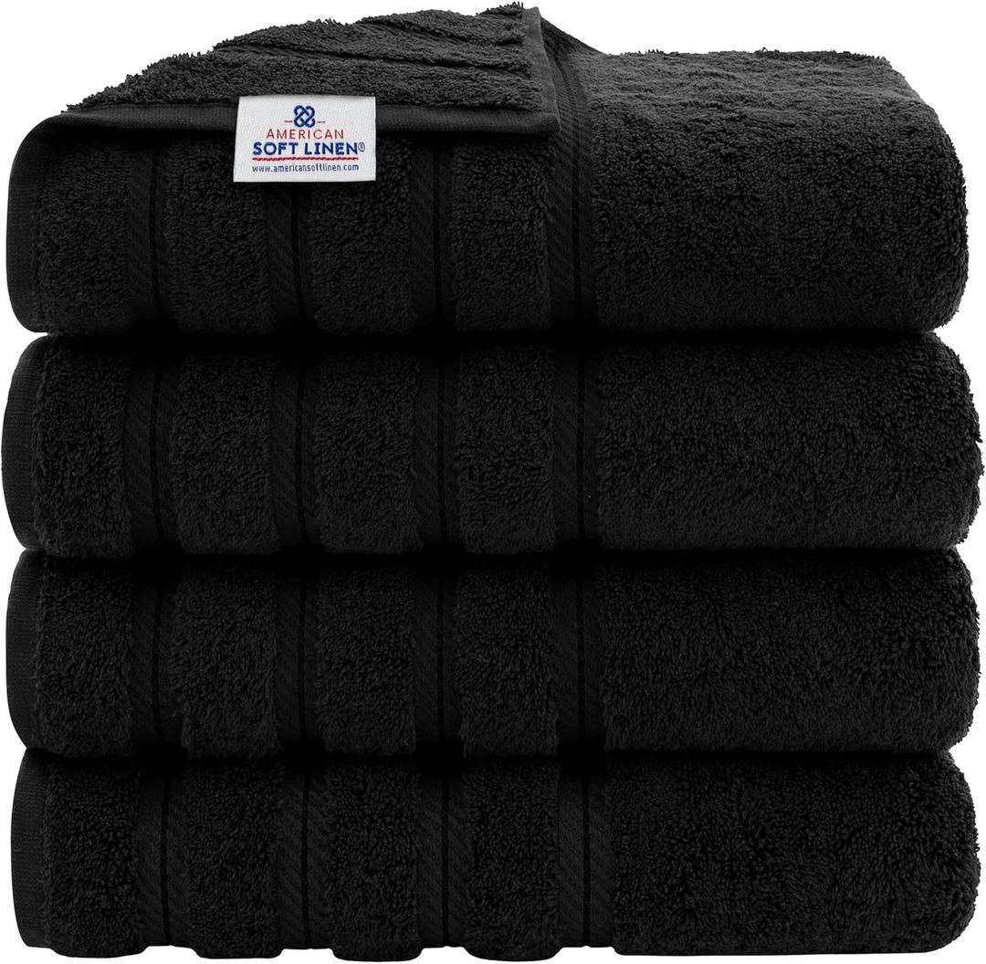American Soft Linen Luxury 4 Piece Bath Towel Set, 600 GSM 100% Cotton Turkish Bath Towels for Bathroom, 27x54 in Extra Large Bathroom Shower Towels, Black