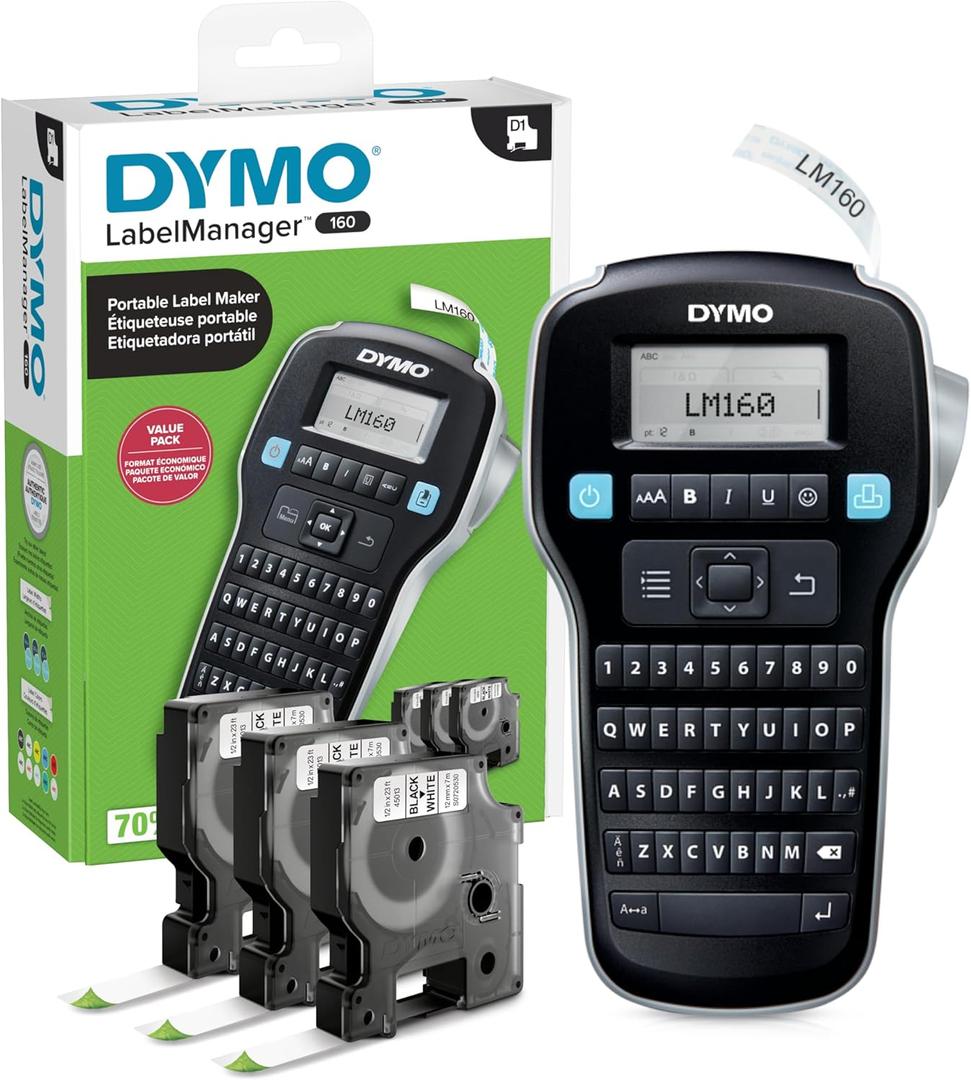 DYMO LabelManager 160 Label Maker Bundle with 3 D1 Label Cassettes, Portable Handheld, QWERTY Keyboard, One-Touch Smart Keys, Large Display, Home & Office Organization (Machine + 3 Tapes)