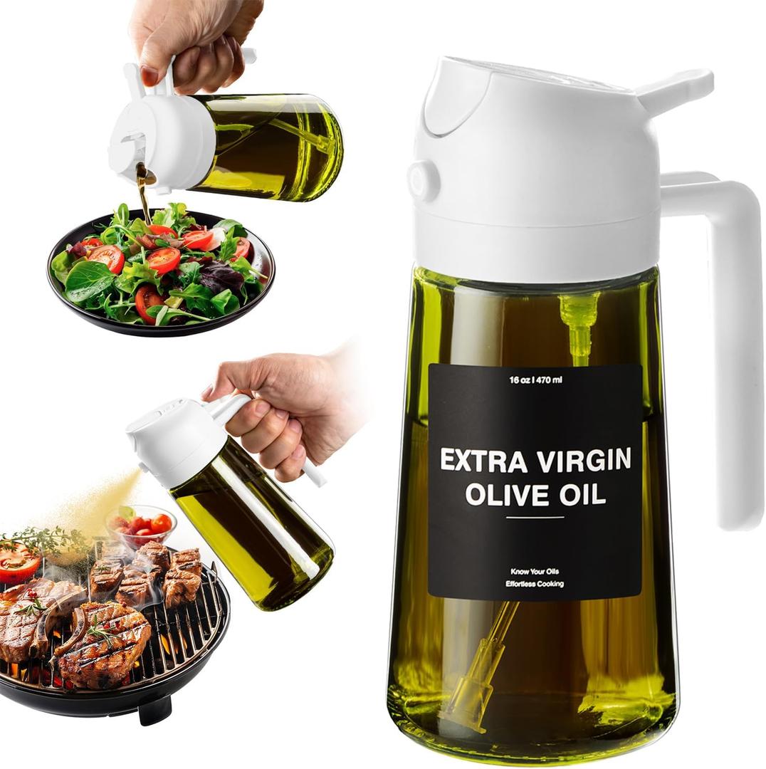 CXINYI - 16oz/470ml Olive Oil Dispenser for Kitchen with Stickers - 2 in 1 Olive Oil Sprayer for Cooking, Air Fryer, and Salad, White (Light-Proof Kitchen Gadget) (White-02)