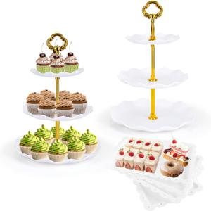 6 Pcs Cupcake Stand Dessert Table Display Set 2 Pcs 3 Tier Plastic Cake Stand Holder 4 Pcs Dessert Serving Tray Cookie Platter Rack Tower for Tea Party Wedding Baby Shower (Round White; Gold rods)