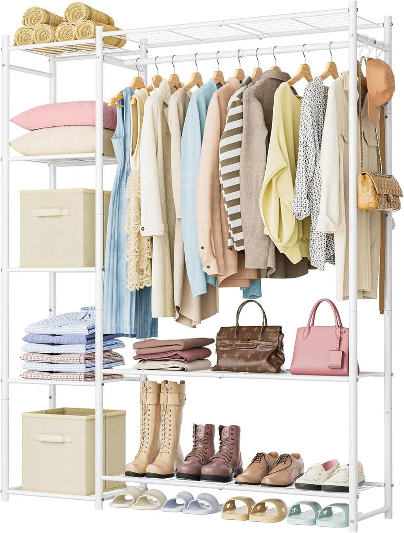 Wardrobe Closet,Portable Clothes Rack with 4 Tiers Shelves,Freestanding Closet Organizers and Storage System with Hanging Rods,Steel Clothing Rack Suitable for Cloakrooms,Bedrooms,Entrances,etc.White