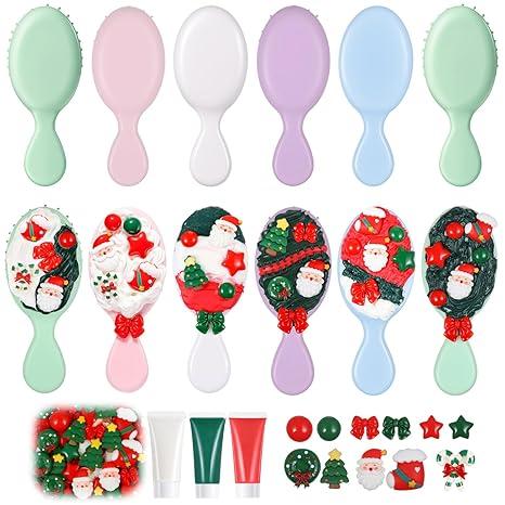 Vesici 12 Pcs Christmas Mini Hair Brush DIY Hairbrush Kits Detangling Christmas Stocking Stuffers Xmas Gifts for Women Spa Party Supplies DIY Crafts