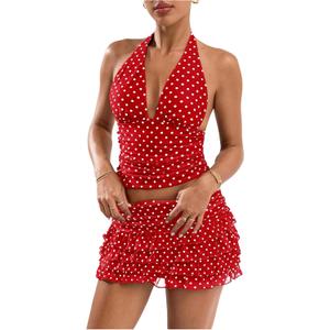 Women's Y2K Polka Dots Backless Halter Tops Sleeveless Ruched Fitted Low Cut Crop Top (S)