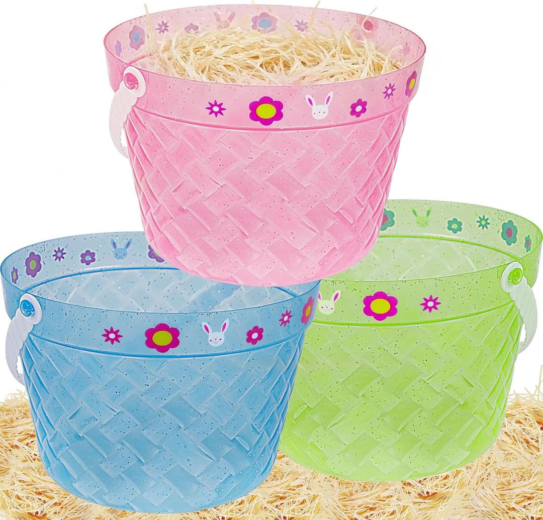 Zcaukya Easter Buckets, 3 Packs Clear Plastic Kids Easter Baskets with Handles, Empty Plastic Easter Pails for Easter Egg Hunt Party Favors, Green, Blue, Pink