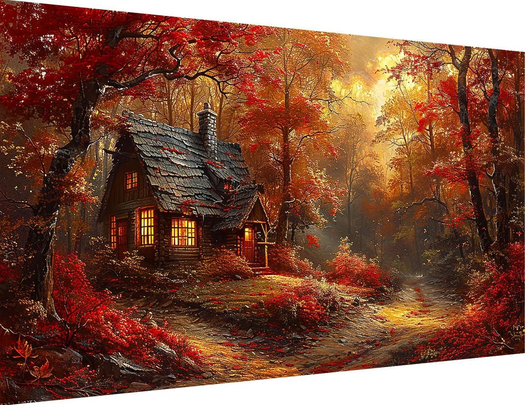 igoodom Large Diamond Art Kits for Adults, Autumn Forest House Large Diamond Painting Kit, Full Drill Round Big Diamond Art Kits, DIY Gem Art and Crafts for Home Wall Decor Gift 27.5 X 15.7inch