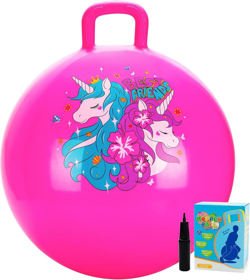 U&C Planet Hopper Ball,18 inches Bouncy Ball with Handle for Kids Age 3-6, Sit on Bounce Jumping Hopping Toy with Pump, Great Toddler Girls Toys for Birthday Gifts, Pink Unicorn