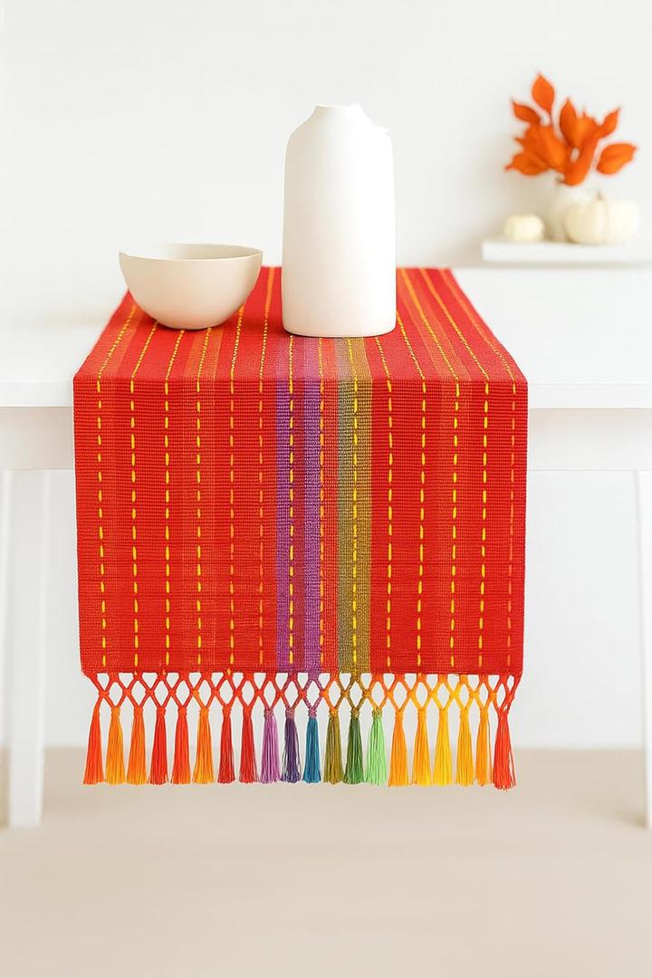 PurpleEssences Table Runner - Wide with Dobby Stripe, Heavy Ribbed Weave & Double Knot Fringes, 14x72 Inch (14x77.5 with Fringes) Farmhouse Decor Spring Easter Summer - Spice