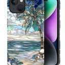 Case for iPhone 13 iPhone 14, Hybrid Heavy Duty 2 in 1,PC Hard Shell & Silicone Inner Bumper, Anti-Scratch Full-Body Cover Shockproof Slim Design Case - Beach Palm Tree
