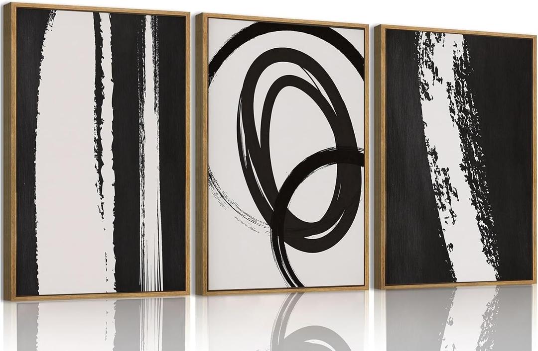 OIQArtOIQ 3 Piece Large Abstract Canvas Wall Art For Living Room Black and White Framed Wall Art Dynamic Lines Geometric Modern Minimalism Art Prints Artwork For Bedroom Office Dining Room 12x16 in